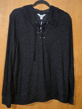 NWT Market & Spruce Allison Lace Up Ribbed Brushed Knit Hoodie Dark Gray Large